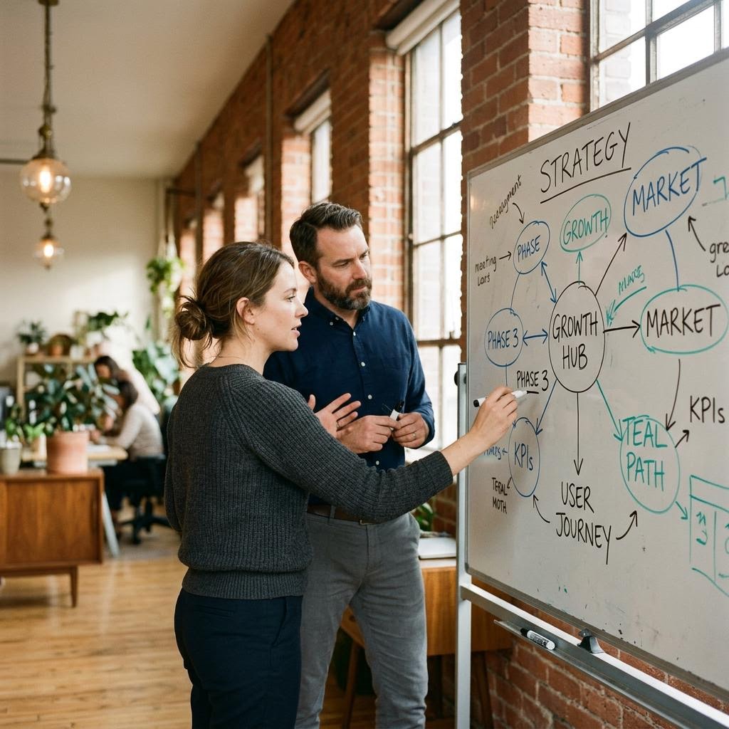Coherence consultants mapping a strategy at a whiteboard